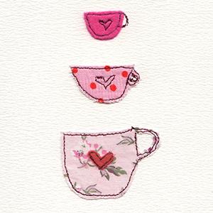three pink tea cups fabric and stitch handmade card