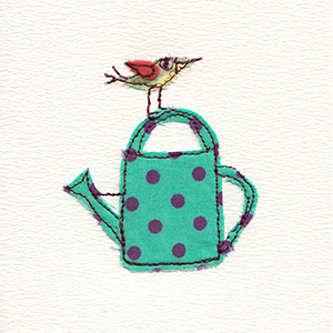 watering can with bird perched on handmade card