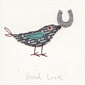 fabric bird with horseshoe good luck handmade card