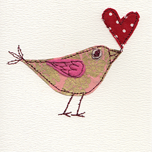 patterned paper stitched bird with red spotty fabric heart in beak handmade card